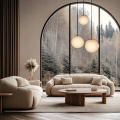 interior design, minimalist living room, arched window, panoramic view, nature scenery, beige tones, round pendant lights, cozy seating area, neutral color palette, soft textures, natural light, calm 