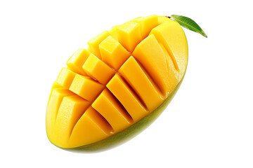 Fototapeta premium Closeup of ripe mango cut into cubes, vibrant yellow flesh, green skin, isolated on white transparent background, concept of tropical fruits