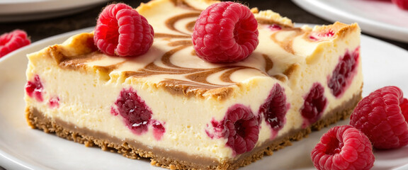 Close-Up of Swirled Raspberry Marble Cheesecake Bars with Fresh Raspberries