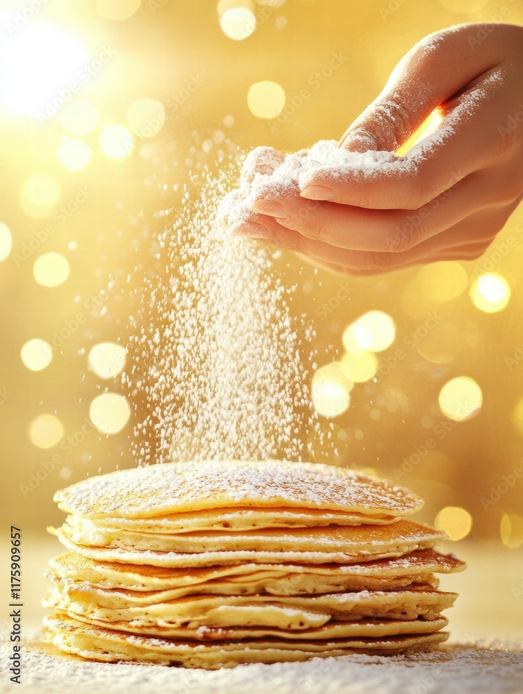 Poster sprinkling powdered sugar over a delicious stack of golden pancakes in a warm morning light. generat