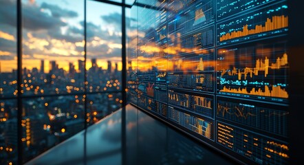 Fototapeta premium Professional business team collaborates on a project in the office, using economic growth charts and network connections to accompany the data in analyzing future trends