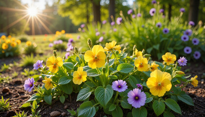 Vibrant blooming pansies at sunrise in garden bed, nature's beauty