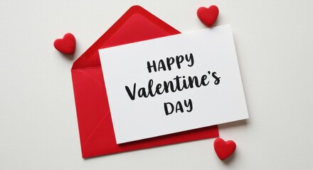 A Valentine's Day -themed white postcard in red envelope with black text that reads, HAPPY VALENTINE'S DAY The envelope is partially open