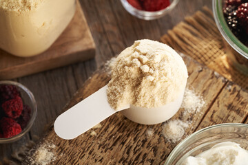 A scoop of whey protein powder with freeze dried fruit and yogurt - ingredients for alternative healthy sweets
