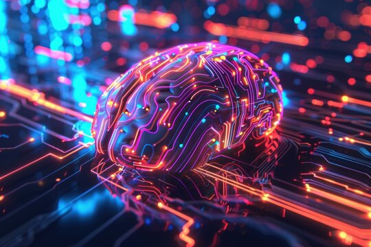 A digital brain with neon lights. AI.
