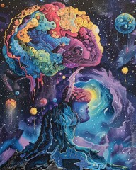 A colorful abstract painting of a human head with a galaxy background. AI.