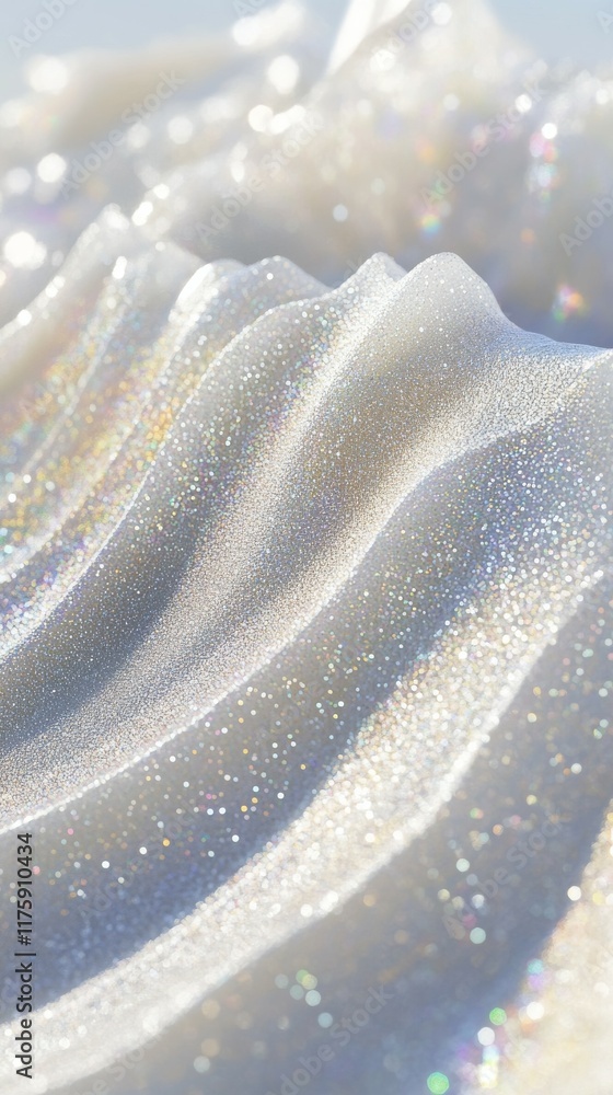 Poster a close-up of a pearlescent white wave with a dusting of rainbow glitter, conveying the purity and c