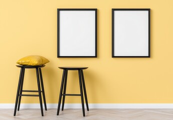 A mockup poster frame hangs on the living room wall, overlooking the kitchen and dining area. The luxurious apartment features a contemporary design, showcasing modern interior aesthetics in a 3D