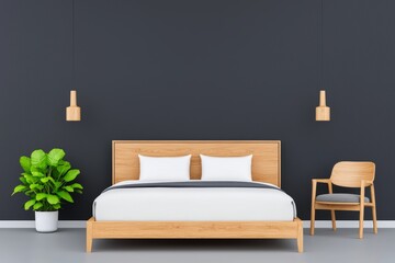 An industrial-style bedroom with concrete walls and a metal bed frame, complemented by warm wood tones and a geometric rug