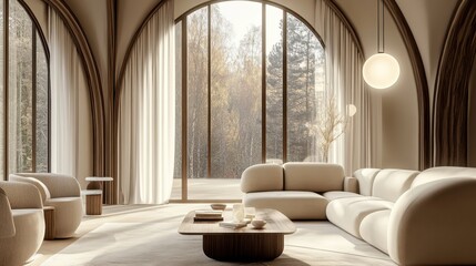 interior design, minimalist living room, arched window, panoramic view, nature scenery, beige tones, round pendant lights, cozy seating area, neutral color palette, soft textures, natural light, calm 