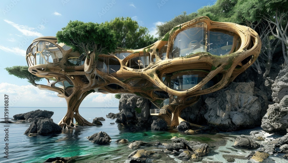 Poster a futuristic treehouse built on the coast with large windows looking out at the ocean. ai.