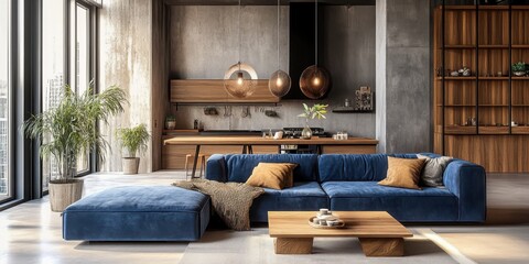 Modern living room, blue velvet sectional sofa, wooden coffee table, pendant lights, concrete wall, minimalist decor, Scandinavian design, cozy throw pillows, warm lighting, potted plant, neutral colo