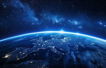 Obraz premium A view of Earth from space, with city lights illuminating the landscape. AI.