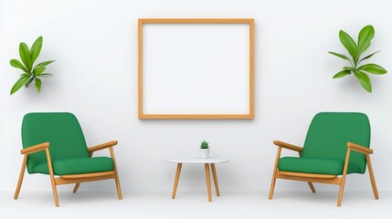 Two armchairs sit in a room featuring a white wall adorned with a large framed poster. This modern living room showcases Scandinavian style interior design