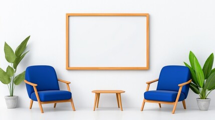 In a room with a white wall and a large framed poster, two armchairs are placed, embodying a Scandinavian style modern living room