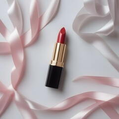Sophisticated Beauty Luxurious Lipstick on Soft Pastel with Silk Ribbons