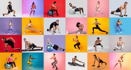 A vibrant collection of individuals engaged in various fitness activities, highlighting strength,...