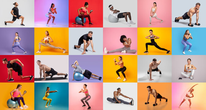 A vibrant collection of individuals engaged in various fitness activities, highlighting strength, flexibility, and motivation. The colorful backgrounds enhance the dynamic workout atmosphere.