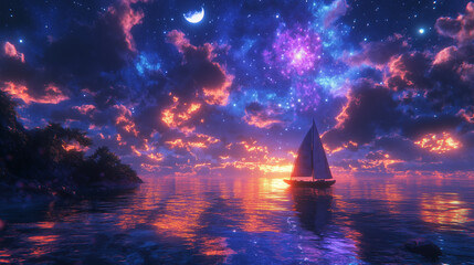 A surreal dreamscape of celestial bodies, featuring a moonlit ocean with constellations mirrored on the water's surface.