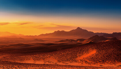 Naklejka premium a beautiful landscape of a desert planet with a large mountain range in the distance the sky is a gradient of orange and yellow