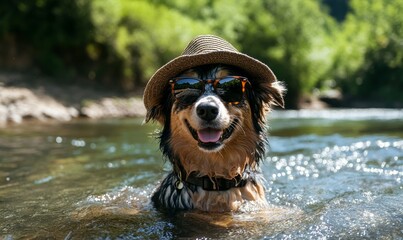 A dog in a hat and sunglasses in a river, enjoying a summer day.