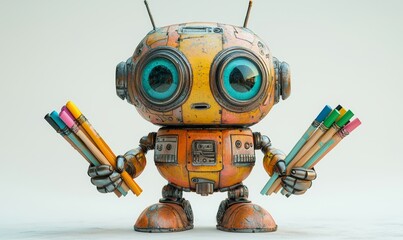 Isolated four-armed robot with pencils, symbolizing multitasking and featuring a clipping path