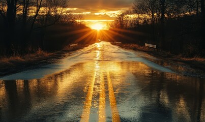A long road is obstructed by floodwaters as the sun sets, symbolizing obstacles in life's journey, resilience, and change's inevitable progression.