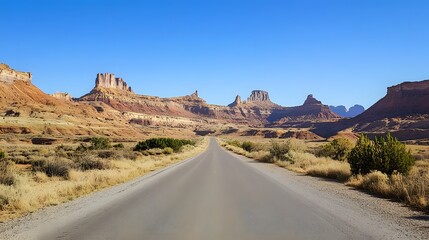 An open road stretches into the horizon, surrounded by breathtaking desert landscapes and towering sand dunes, offering an adventurous journey under the clear blue sky on a sunny day