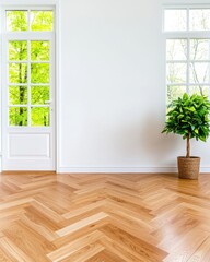 Fototapeta premium Neutral-toned living room interiors illuminated by natural light from a large window, featuring minimal furniture and no occupants. A residential interior decor setup for Real Estate