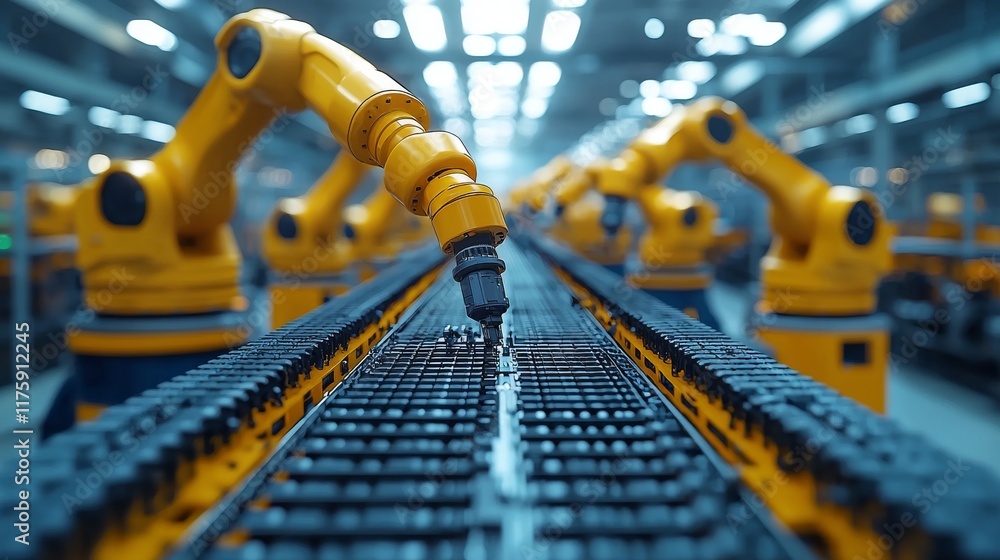Poster in the heart of bright electronics factory, an advanced high precision robot arm handles component i