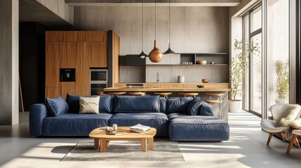 Modern living room, minimalist design, blue L-shaped sectional sofa, wooden accent wall, pendant lighting, floor-to-ceiling windows, potted plant, round wooden coffee table, neutral color palette, tex