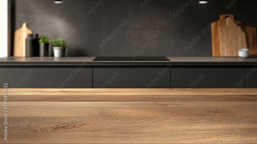 Poster wooden table providing space for products and blurred modern kitchen in the background composing a p