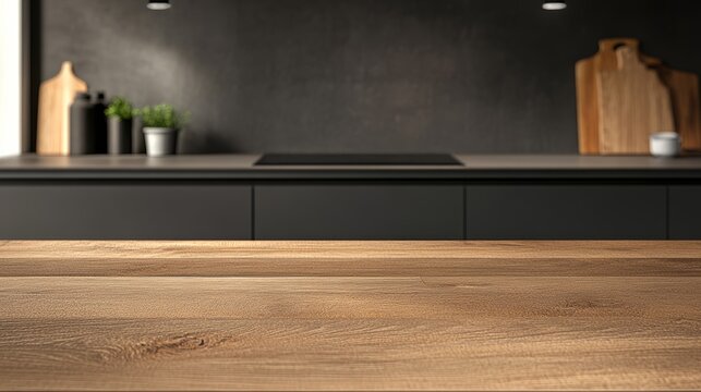 Wooden table providing space for products and blurred modern kitchen in the background composing a perfect scene for food and cooking related advertisement