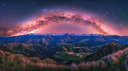 Fototapeta premium Milky Way arching over majestic mountain range at night.