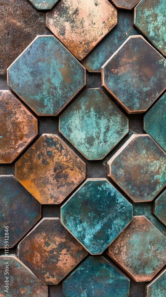Poster a series of hexagonal tiles made of rusted copper with verdigris patina, focusing on the textures an