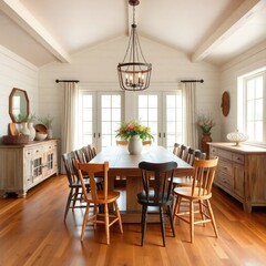 Dining room interior design. Farmhouse style dining room interior design. Architecture interior. Farmhouse interior. Farmhouse style.

