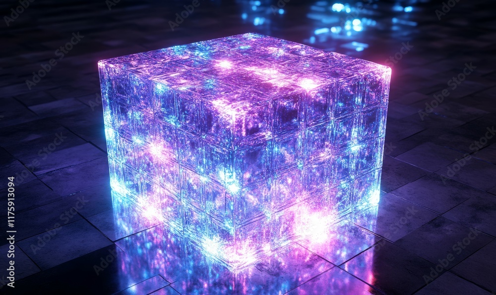 Poster glass cube digitally abstracted with a glow line for the concept of a network