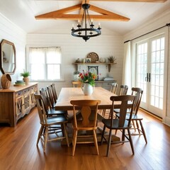 Dining room interior design. Farmhouse style dining room interior design. Architecture interior. Farmhouse interior. Farmhouse style.

