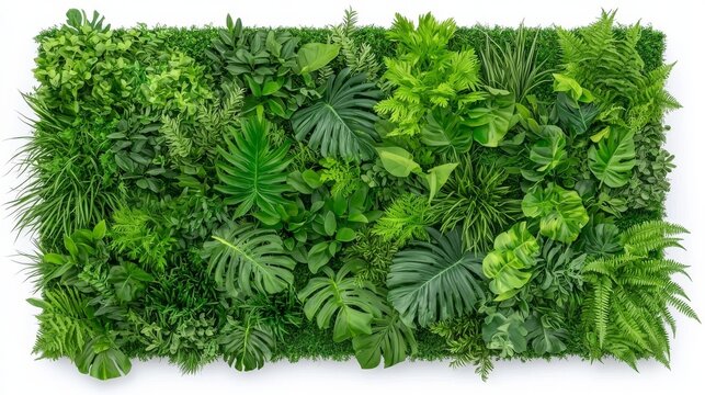 A vibrant green wall of synthetic plants, ideal for bringing a natural element to any indoor environment. This adaptable image is perfect for advertising, interior design, and various other uses.