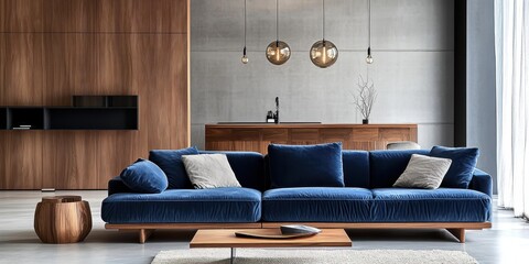 Modern living room, minimalist design, blue L-shaped sectional sofa, wooden accent wall, pendant lighting, floor-to-ceiling windows, potted plant, round wooden coffee table, neutral color palette, tex