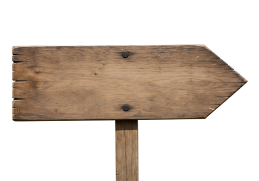Old wooden directional sign isolated on transparent background, rustic navigation concept. Transparent PNG cutout