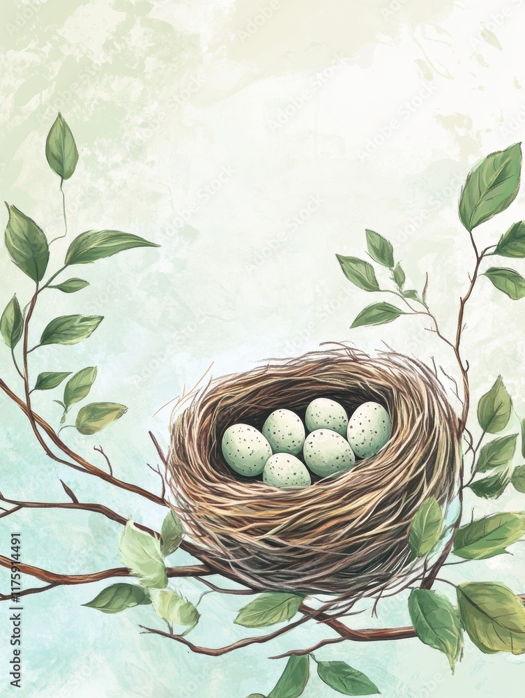 Poster hand drawn doodle of a bird nest with speckled eggs on a branch surrounded by green leaves in a gent
