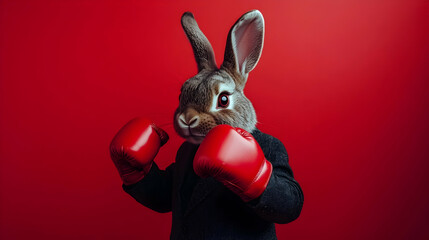 Determined rabbit in a boxing uniform striking a powerful stance, symbolizing speed and determination, ideal for fitness branding or motivational campaigns
