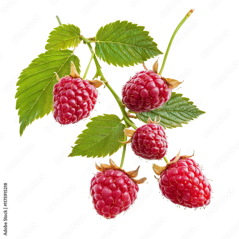 Poster raspberry branch with ripe red fruits and green leaves isolated on a transparent background, raspber