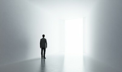 Obraz premium the black figure of a man standing in a white corridor.