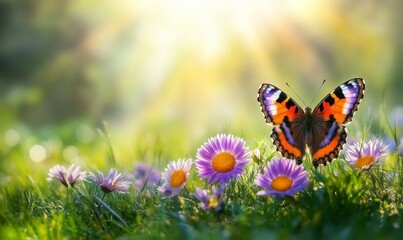 Abstract Defocused Spring - Purple Daisies And Butterfly On Grass In Sunny Field