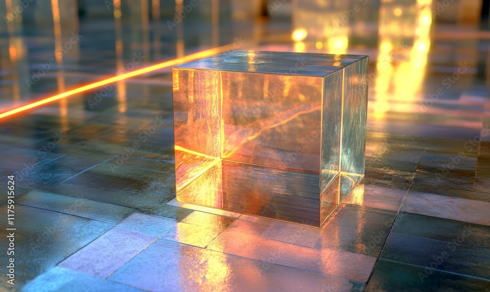 Poster glass cube digitally abstracted with a glow line for the concept of a network