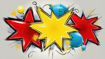 Fototapeta premium Comic style pop art explosion graphics with vibrant red, yellow, and blue bursts on a light gray background. Retro comic effect