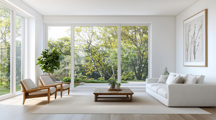 Fototapeta premium Serene Japanese Style Living Room with Natural Light and Garden View