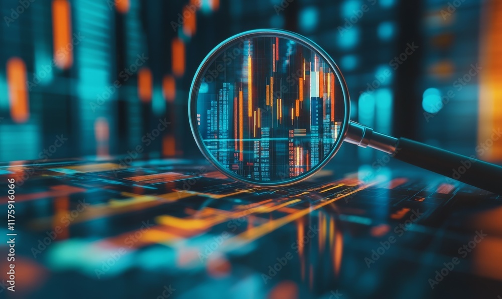 Aufkleber a magnifying glass on top of a spreadsheet representing finance with business graphs and charts.